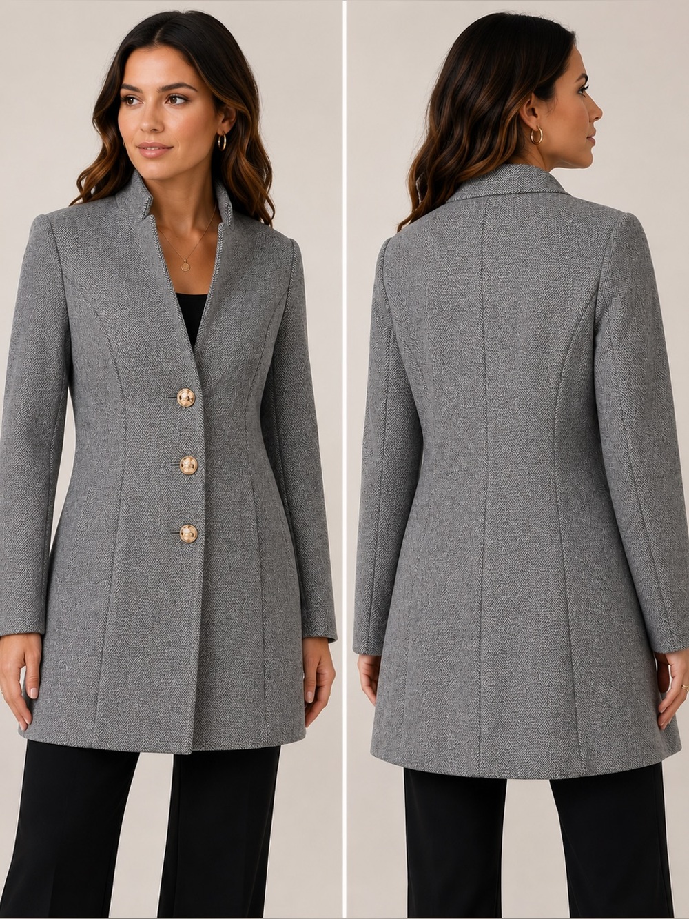 FME Gray Herringbone Longline Blazer Gold Buttons Size L NWOT